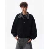 纽扣拼接格纹立领翻领卫衣男女宽松长袖上衣A079-W212-P53，男装卫衣，电商A079