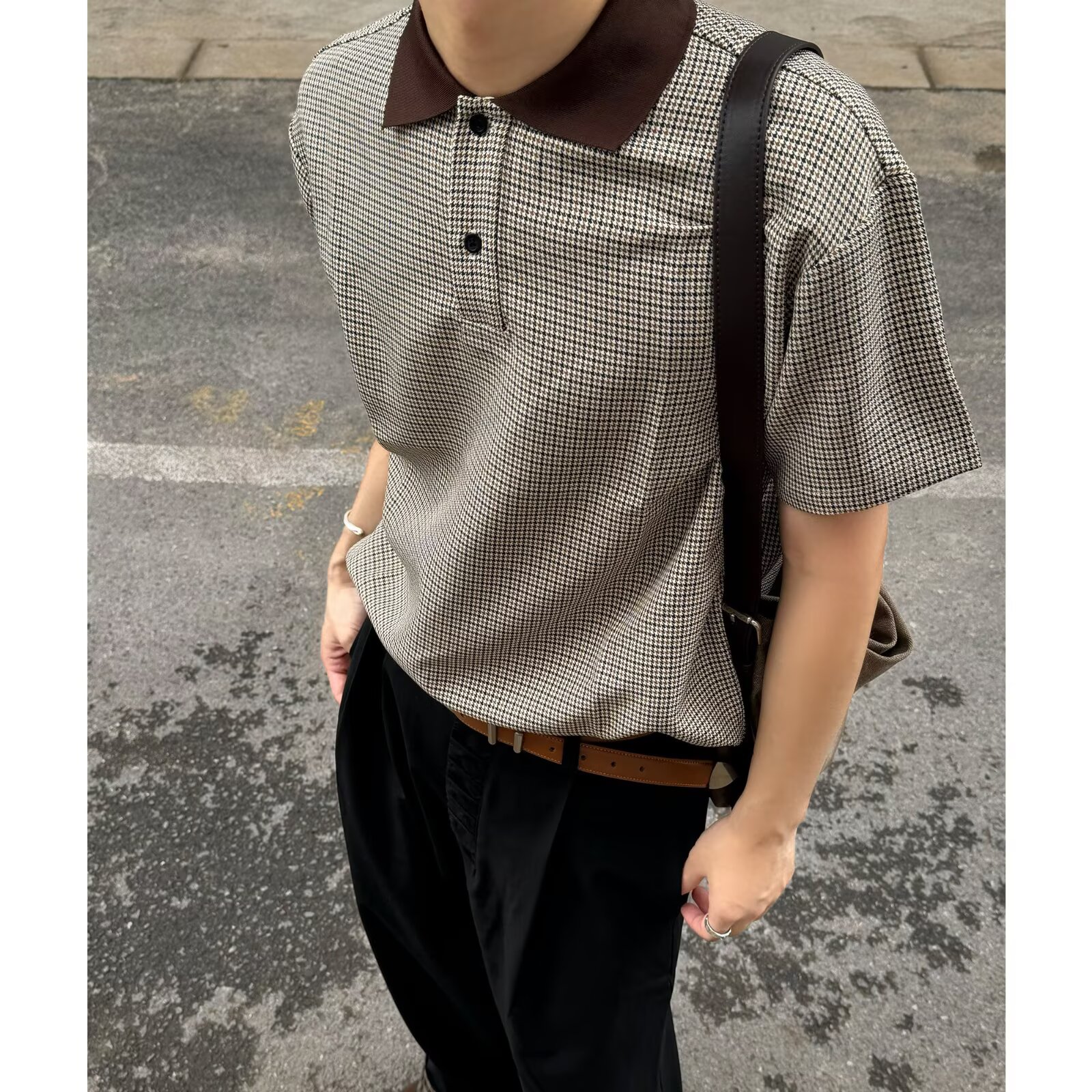 夏季男士高级感撞色千鸟格翻领polo衫短袖商务休闲时尚百搭T恤,男装T恤,电商A079