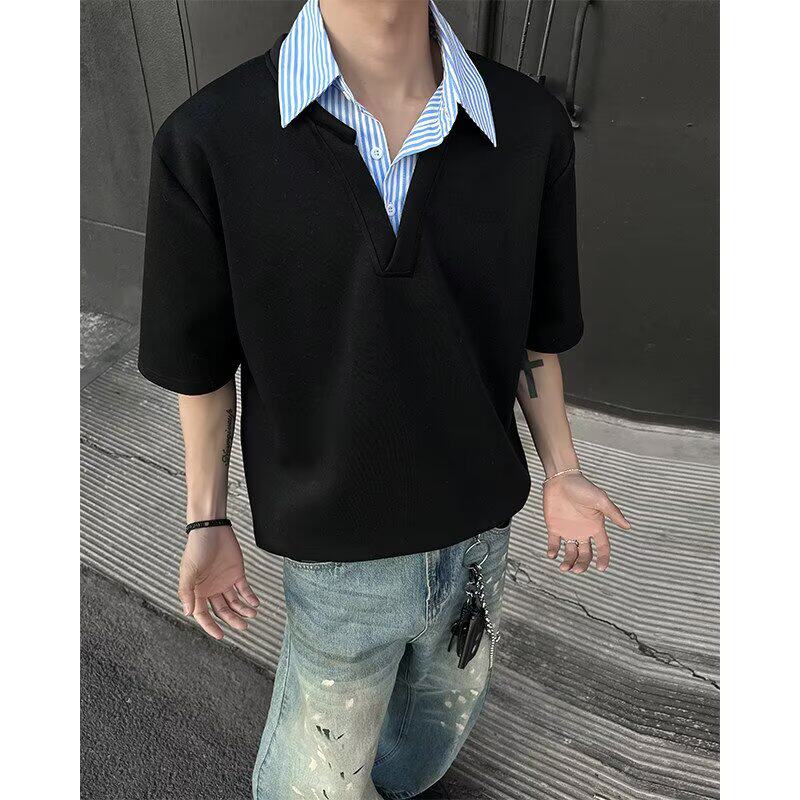 [012]假两件衬衫领短袖男宽松拼接T恤半袖Polo衫A079-D915-P33,男装T恤,电商A079