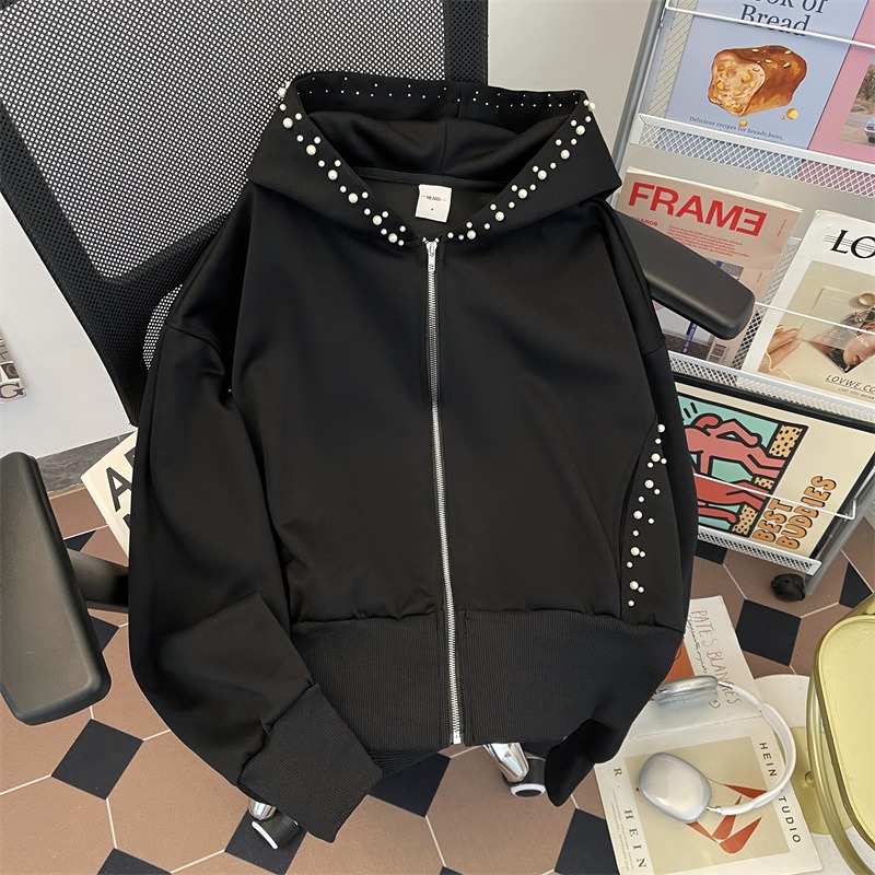 【网5】钉珍珠短款连帽外套女复古修身黑色夹克A079-Y2006-P56