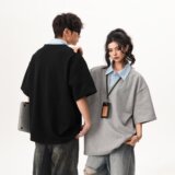 [003假两件拼接polo领短袖男宽松衬衫百搭情侣A079-D915-P33，男装T恤，电商A079