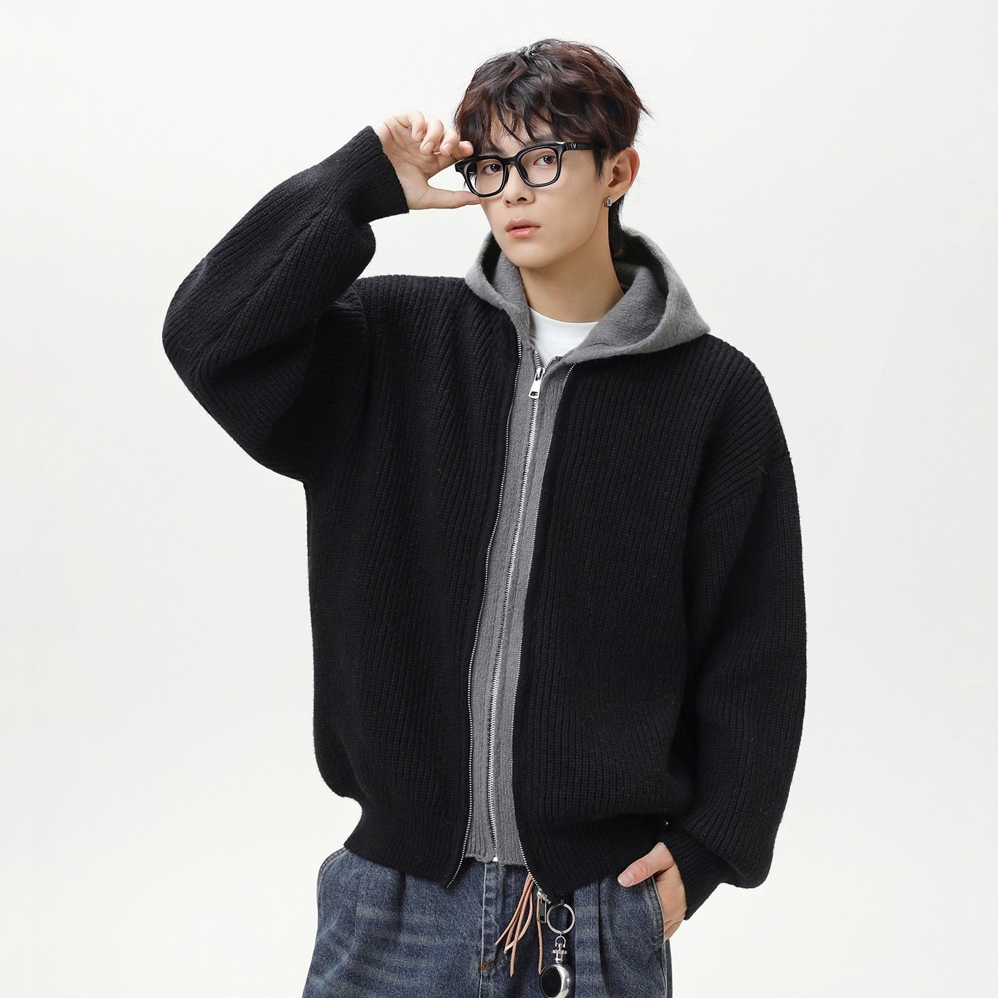 【002】连帽毛衣外套假两件宽松新款男士开衫针织衫A079-Y71-P73，男装针织衫/毛衣，电商A079