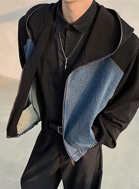 [001]垫肩牛仔拼接卫衣短款连帽百搭夹克男A079-S165-P98