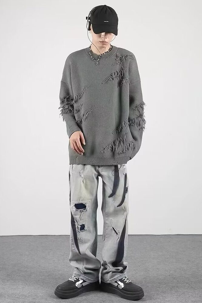【59】破洞毛衣男秋冬季ins慵懒风针织衫A079-814-P42,男装针织衫/毛衣,电商A079