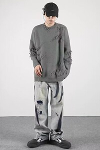 【59】破洞毛衣男秋冬季ins慵懒风针织衫A079-814-P42图片