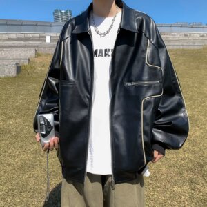【网7】25员夹克潮牌街头宽松翻领休闲pu皮上衣A079-JK8526-P54图片