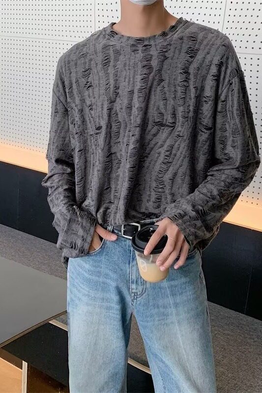 【网59】25圆领破洞长袖男女复古做旧宽松上衣T恤A079-695-P28,男装T恤,电商A079
