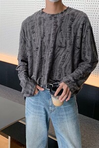 【网59】25圆领破洞长袖男女复古做旧宽松上衣T恤A079-695-P28图片