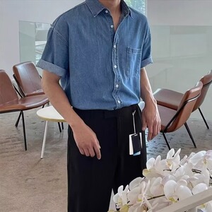 [006]水洗牛仔衬衫男短袖休闲工装口袋蓝色衬衣A079-C917-P45图片
