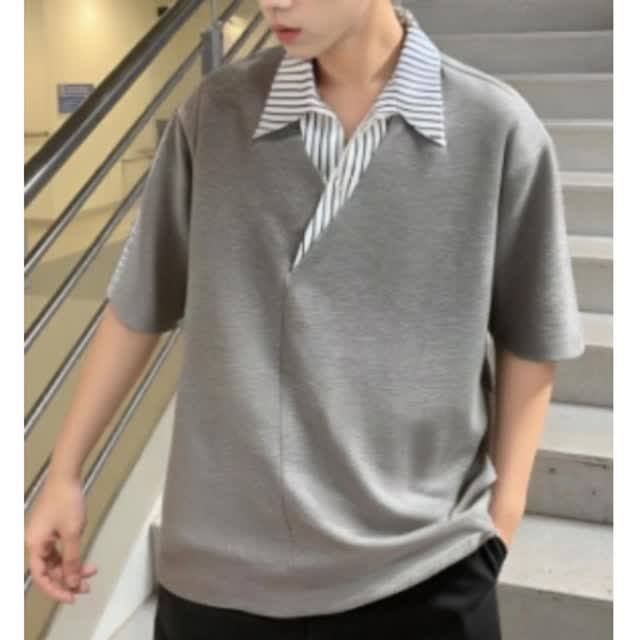 [012]假两件衬衫领短袖T恤男polo领宽松凉感半袖A079-T67-P34图片