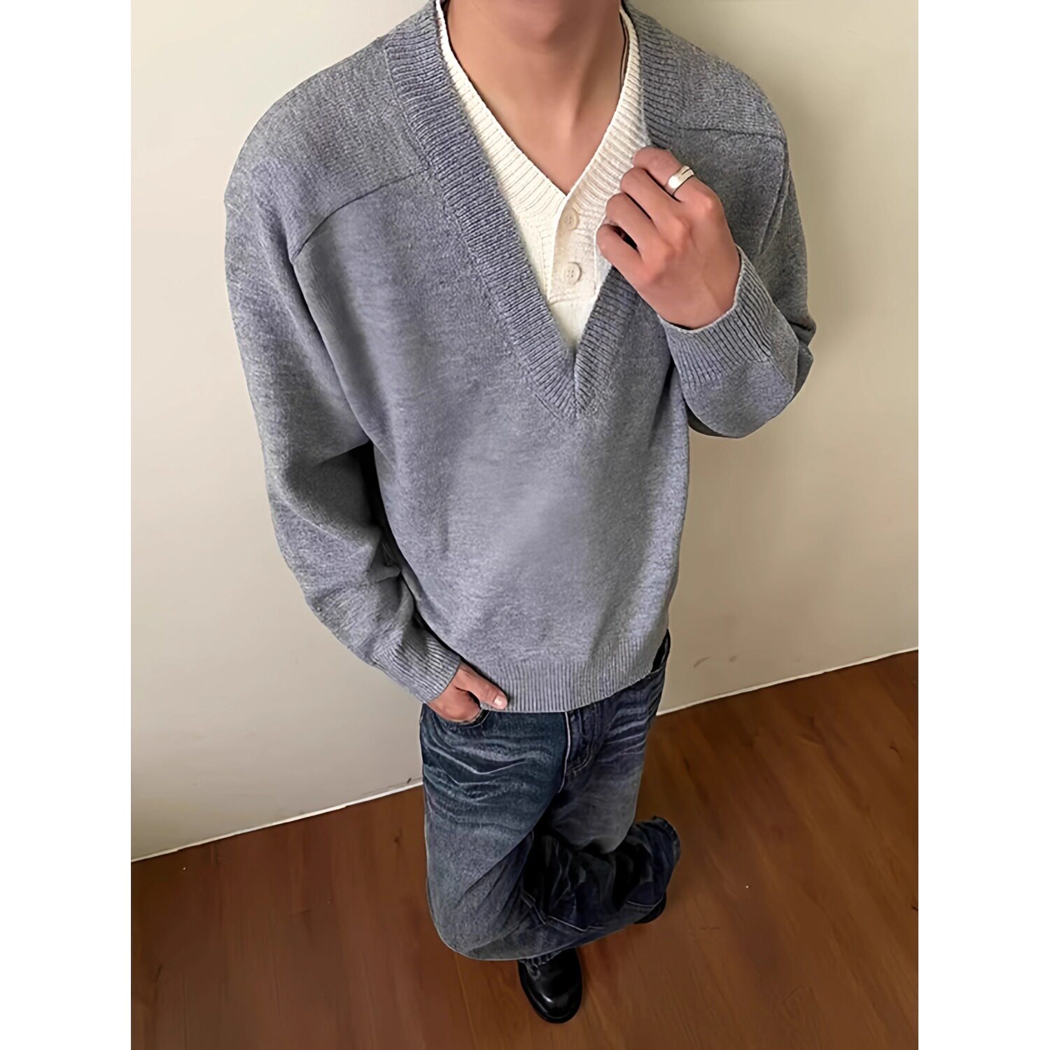 25假两件v领毛衣男秋季t美式覆古polo针织打底衫A079-9572-P55,男装T恤,电商A079