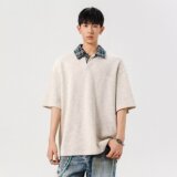 [012]格纹撞色衬衫领短袖T恤男女情侣宽松百搭新款A079-D913-P38，男装T恤，电商A079