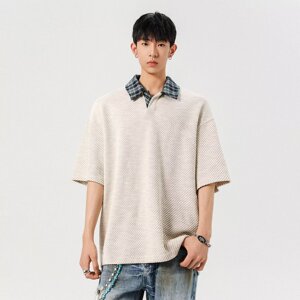 [012]格纹撞色衬衫领短袖T恤男女情侣宽松百搭新款A079-D913-P38图片