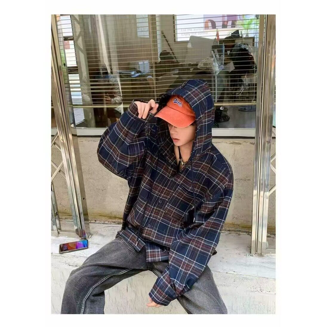 【273】格子连帽衬衫男女长袖衬衣休闲宽松慵A079-CS221-P59,男装衬衫,电商A079