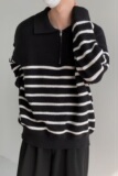 【网39】翻领长袖毛衣半拉链条纹针织衫上衣外套A079-M35-P44，男装针织衫/毛衣，电商A079