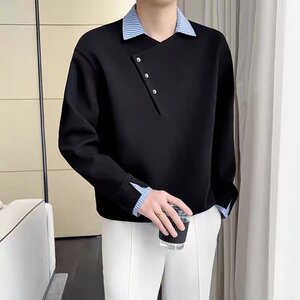 【网59】2525假两件撞色拼接衬衫领长袖T恤男款A079-D640-P43图片