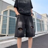 【008]做旧水洗破洞牛仔短裤男宽松直筒休闲五分裤A079-3338-P32，男装牛仔裤，电商A079