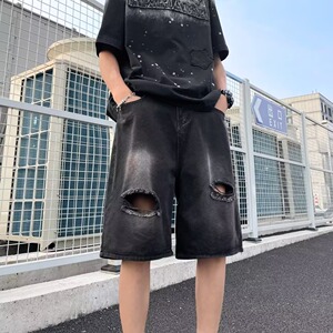 【008]做旧水洗破洞牛仔短裤男宽松直筒休闲五分裤A079-3338-P32图片