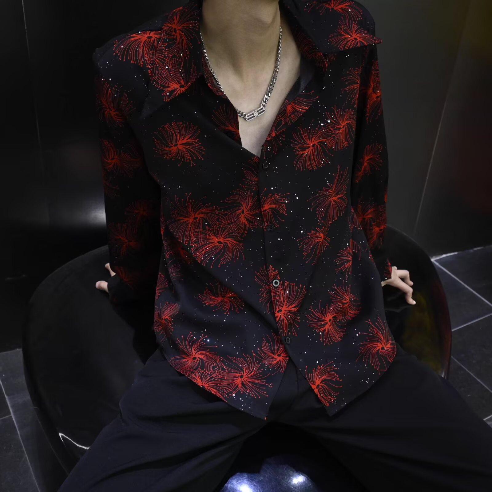 [006]印花烫钻长袖衬衫男士时尚潮流垂感宽松衬衣A079-CS225-P43,男装衬衫,电商A079