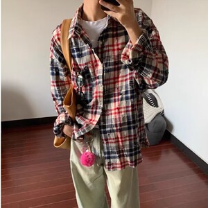 [006]拼色破洞格纹长袖衬衫男休闲宽松衬衣外套A079-C5060-P37图片