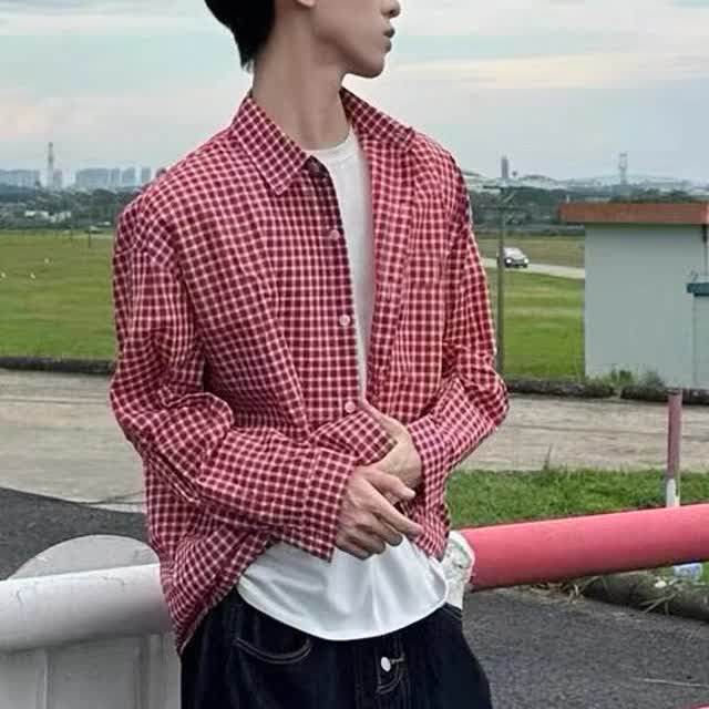 [006]翻领格子衬衫男女长袖宽松拼接衬衣外套A079-CS387-P31,男装衬衫,电商A079