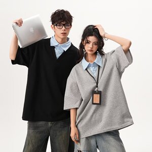 [003假两件拼接polo领短袖男宽松衬衫百搭情侣A079-D915-P33图片