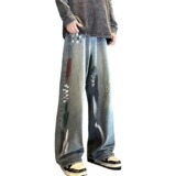 【008】美式高街牛仔裤男涂鸦破洞阔腿长裤A079-N1070-P44，男装牛仔裤，电商A079