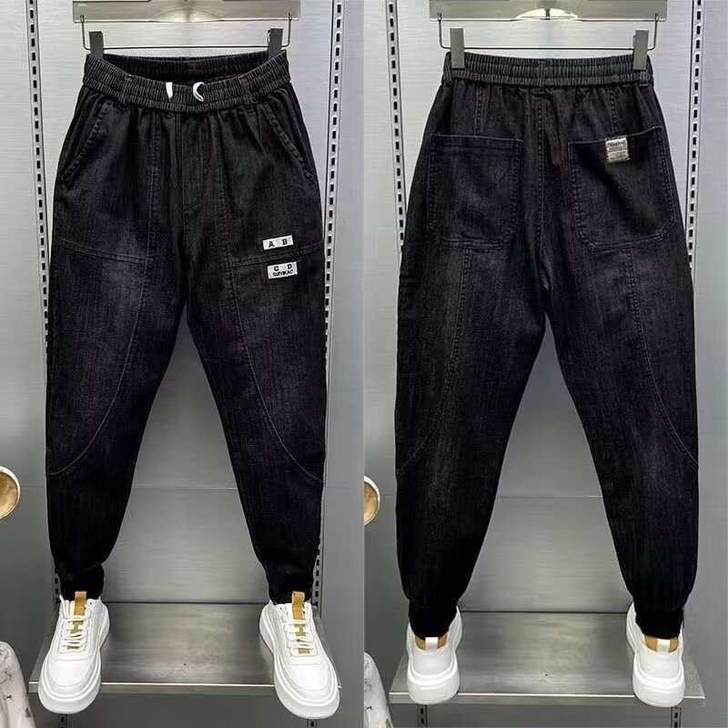 【002】加绒黑小脚休闲裤拼接刺绣束脚牛仔裤百搭A079-K591-P59,男装牛仔裤,电商A079