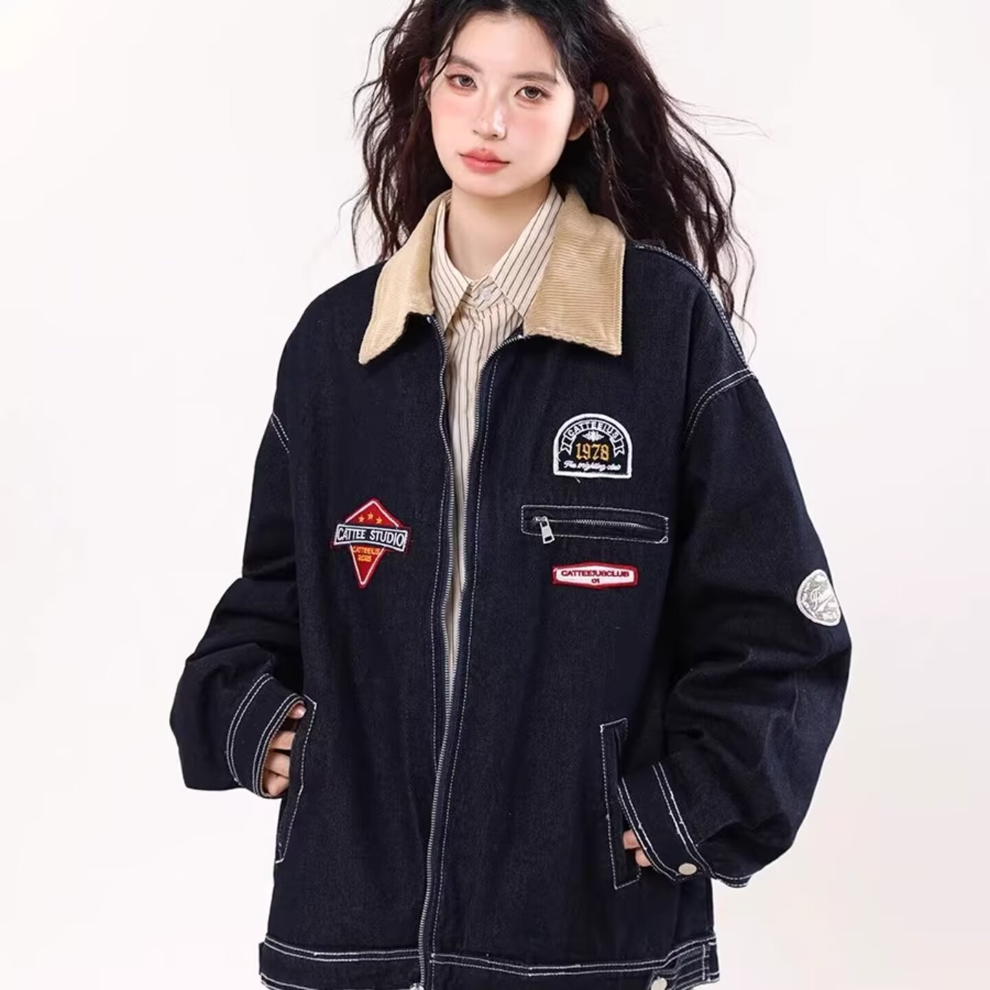 【网75】25款灯芯绒翻领机车绣花牛仔外套A079-F4901-P72，男装工装外套，电商A079