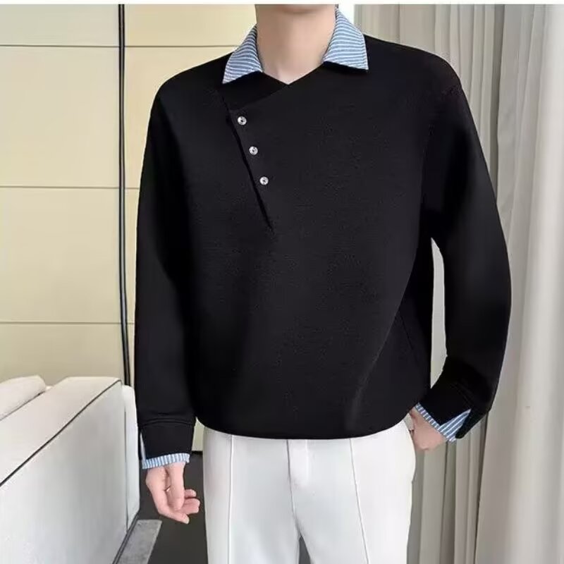 【网59】525假两件撞色拼接衬衫领长袖T恤男款A079-D640-P43,男装T恤,电商A079