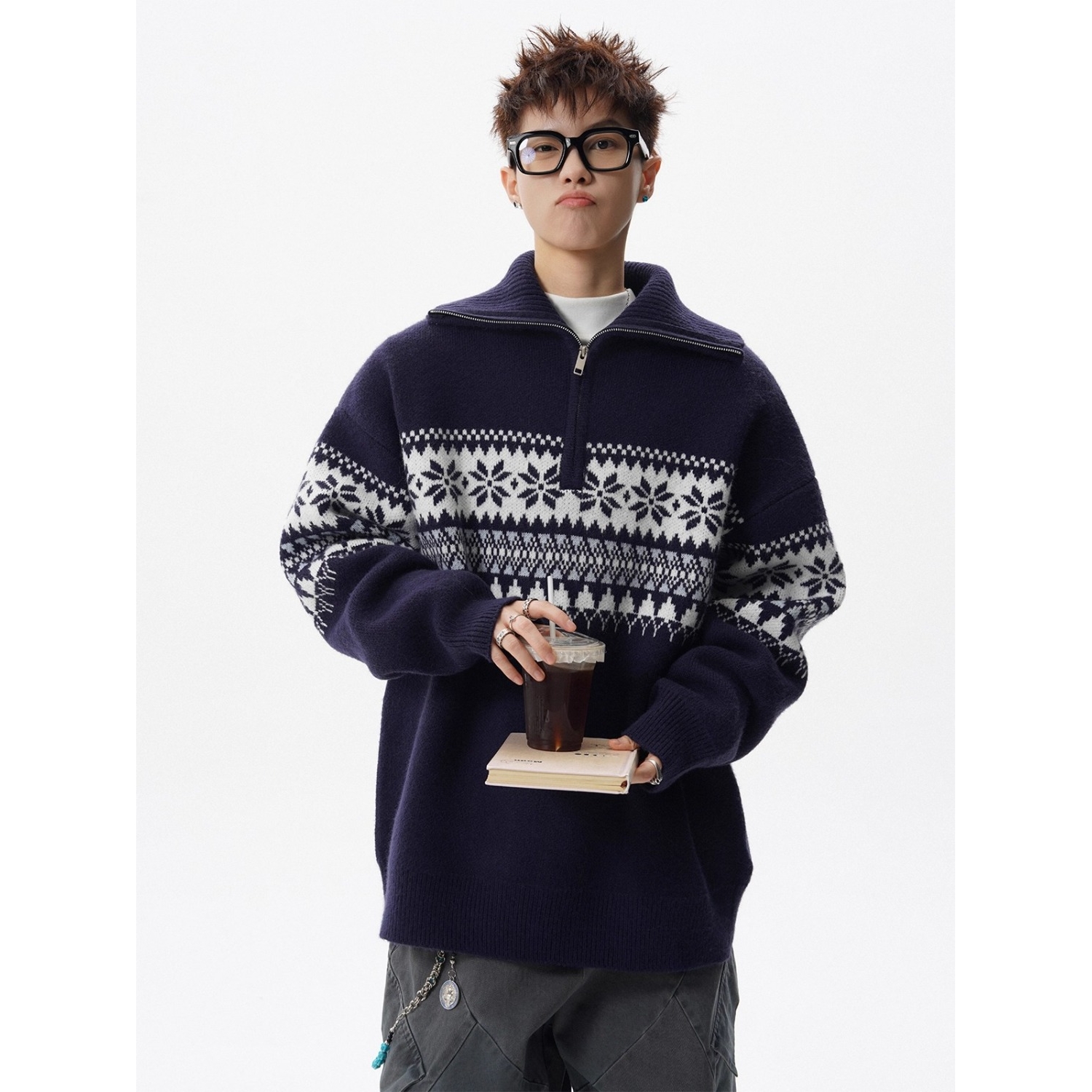 【005】5提花米色针织衫男女美式半拉链高领毛衣A079MY9605-P60，男装针织衫/毛衣，电商A079