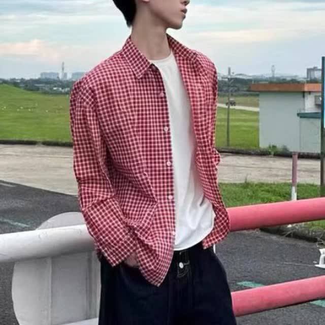 [006]翻领格子衬衫男女长袖宽松拼接衬衣外套A079-CS387-P31,男装衬衫,电商A079