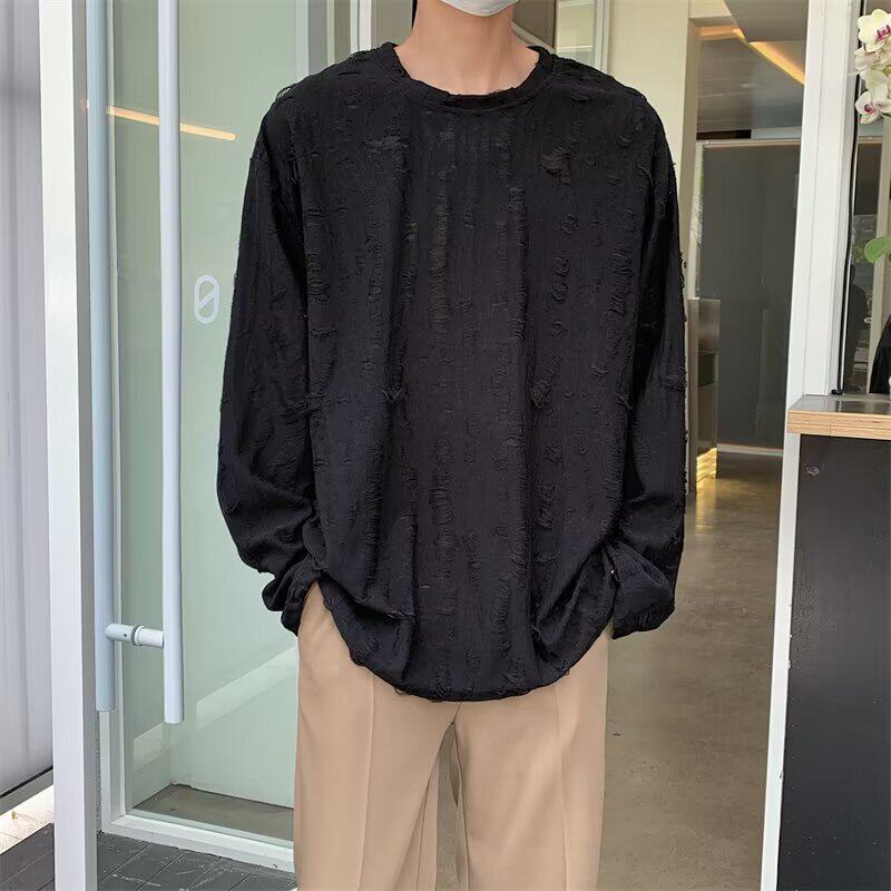 【网59】25圆领破洞长袖男女复古做旧宽松T恤A079-695-P28,男装T恤,电商A079