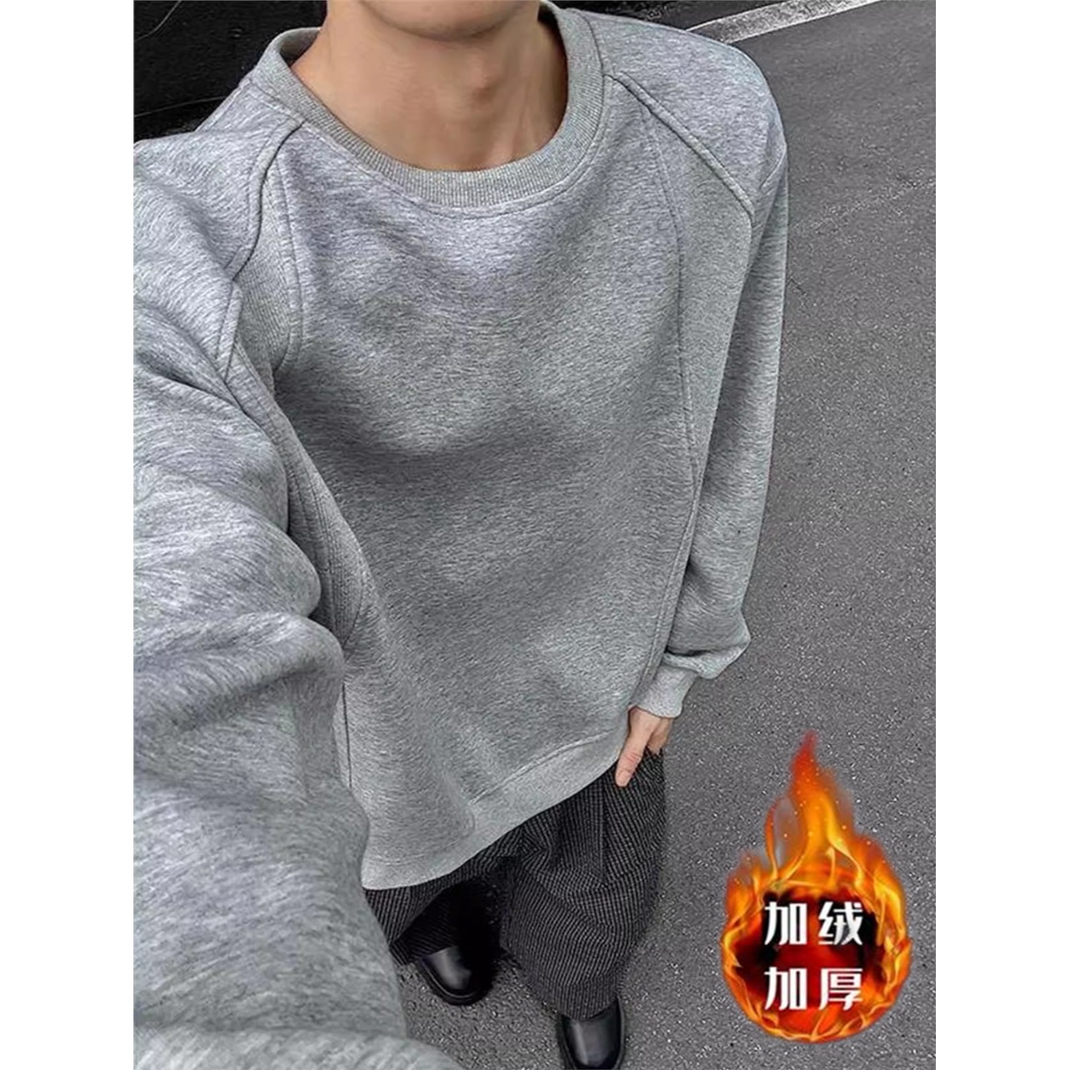 【079】大码加绒上衣秋冬季宽松圆领打底衫A079-RT48-P38-42，男装T恤，电商A079