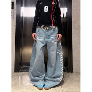 【网60】港风毛边牛仔裤女春秋宽松直筒阔腿长裤A079-S4129-P47图片