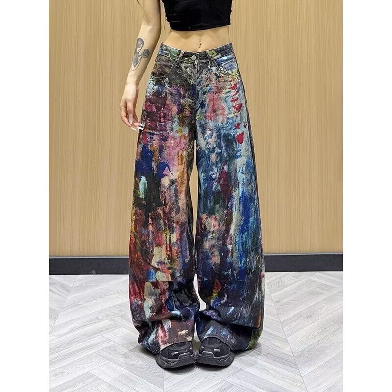 【104】5彩印泼墨牛仔裤女重工彩色宽松阔腿直筒裤A079-M609-P61,男装牛仔裤,电商A079