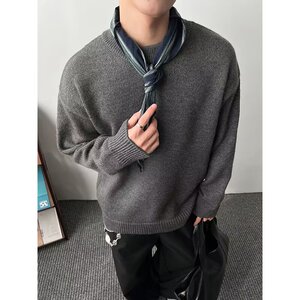 【网41】撞色灰色圆领针织毛衣男A079-M5807-P55图片
