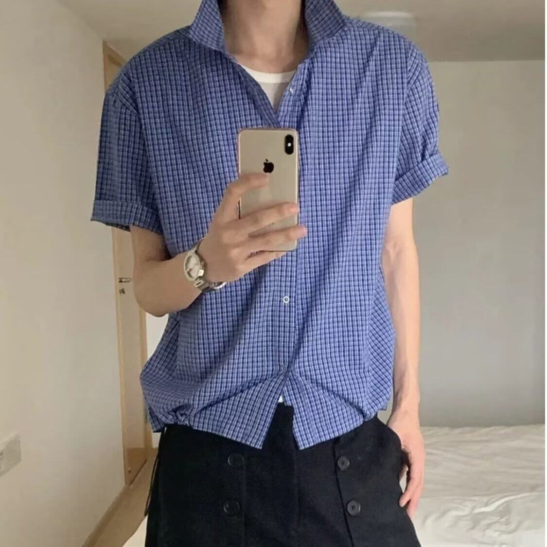 [006]蓝色格纹衬衫男下摆抽绳短宽翻领衬衣A079-C405-P35,男装衬衫,电商A079