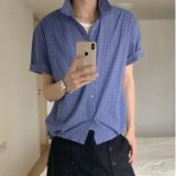 [006]蓝色格纹衬衫男下摆抽绳短宽翻领衬衣A079-C405-P35，男装衬衫，电商A079