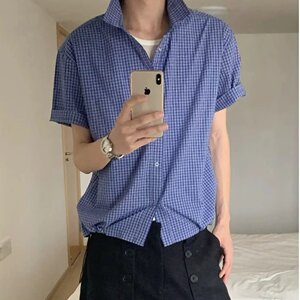 [006]蓝色格纹衬衫男下摆抽绳短宽翻领衬衣A079-C405-P35,格纹半身裙搭配西装外套图片