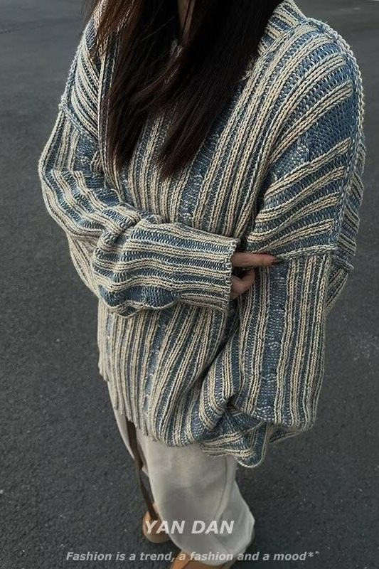 【网116】拼色竖条纹圆领针织衫男女宽松冬季A079-BX038-P45,男装针织衫/毛衣,电商A079