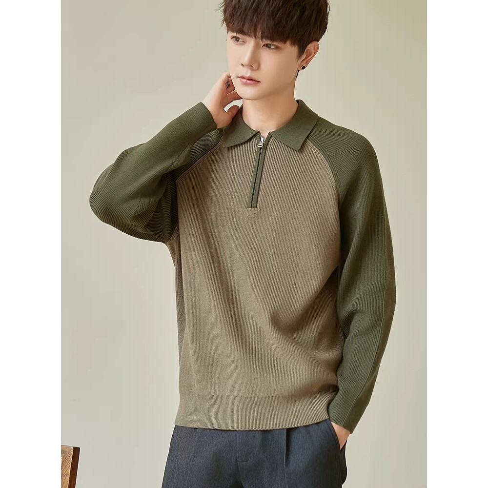 [005]半拉炼POLO领撞色套头插肩袖休闲A079-T401-P49，男装Polo衫，电商A079