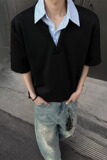 [012]假两件衬衫领短袖男宽松拼接T恤半袖Polo衫A079-D915-P33，男装T恤，电商A079
