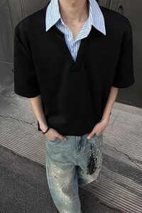 [012]假两件衬衫领短袖男宽松拼接T恤半袖Polo衫A079-D915-P33图片