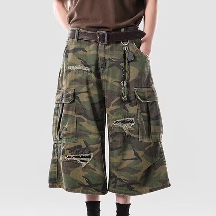 [008]迷彩风格牛仔短裤男款夏宽松阔腿七分裤A079-B122-P44，男装牛仔裤，电商A079