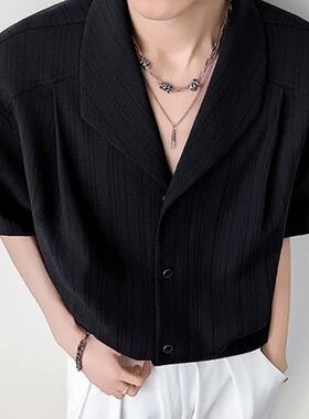 [006]衬衫男夏季休闲翻领衬衫复古条纹风宽松上衣A079-A6791-P47