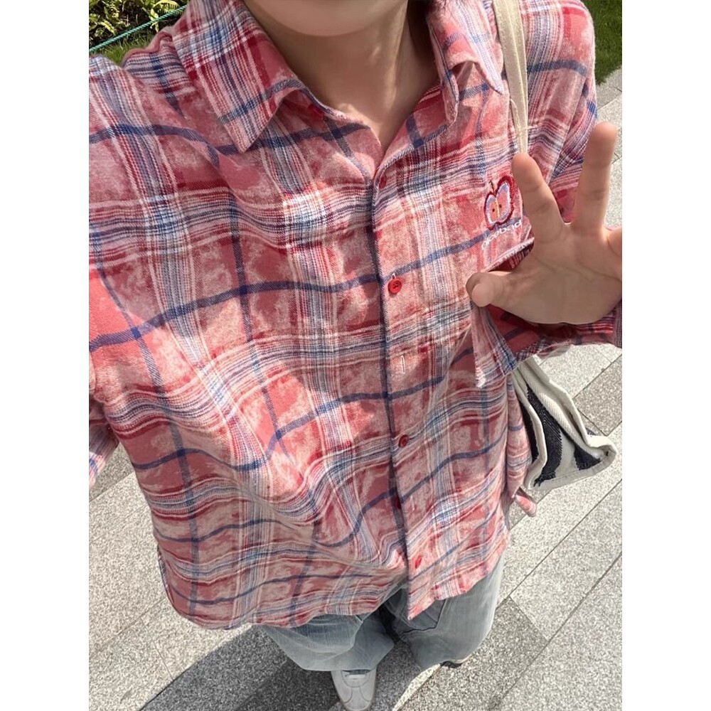 【网3】刺绣格子衬衫男女秋季长袖翻领衬衣A079-CS106-P42,男装衬衫,电商A079