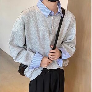 [004]假两件条纹衬衫男正肩长袖t恤A079-A08-P39图片