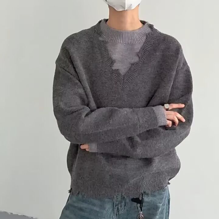 【125】5假两件日系复古简约V领毛衣针织衫A079-MY7701-P59，男装针织衫/毛衣，电商A079