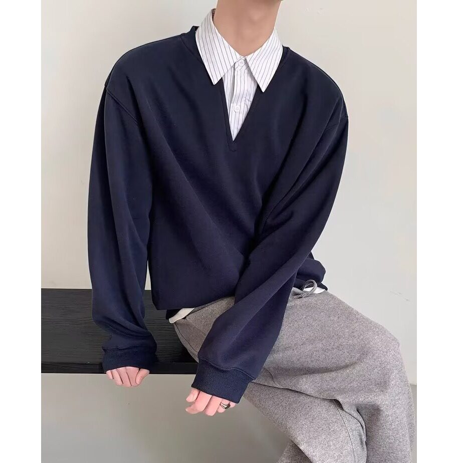 【52】假两件衬衫领卫衣百搭痞帅休闲长袖A079-C193-P42,男装衬衫,电商A079